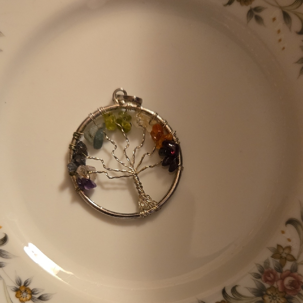 Silver Tree of Life Pendant with Multicolor Gemstones